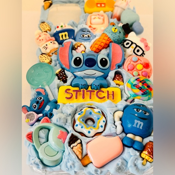 Handmade Stitch Blue Decoden custom Phone Case with Pastel Charms handmade - Picture 7 of 11